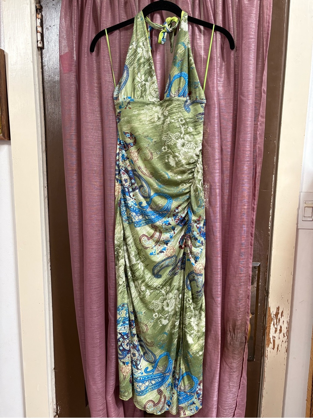 NWT Urban Outfitters Green Paisley Y2K Halter Midi Dress